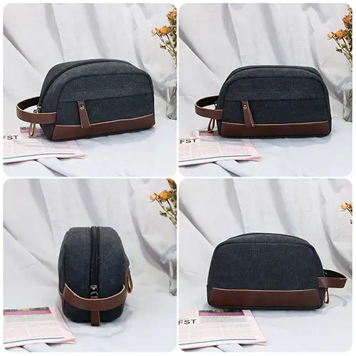 Custom vintage waxed canvas dopp kit with premium leather handle for men's travel lifestyle brand